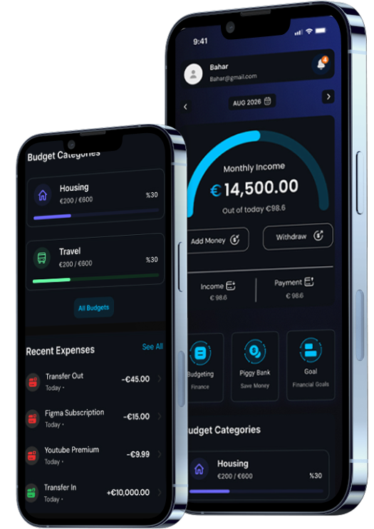 Finoai Mobile App Interface showing budget tracking and financial management features